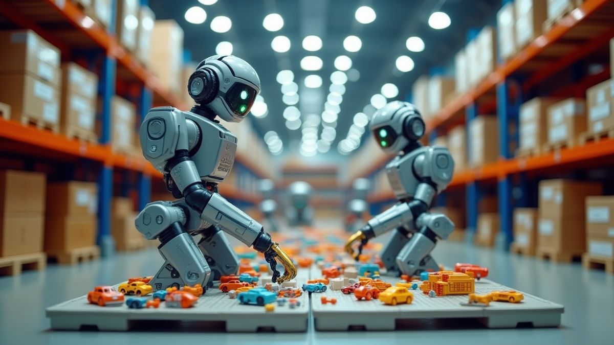 Almacén futurista con robots organizando juguetes.
