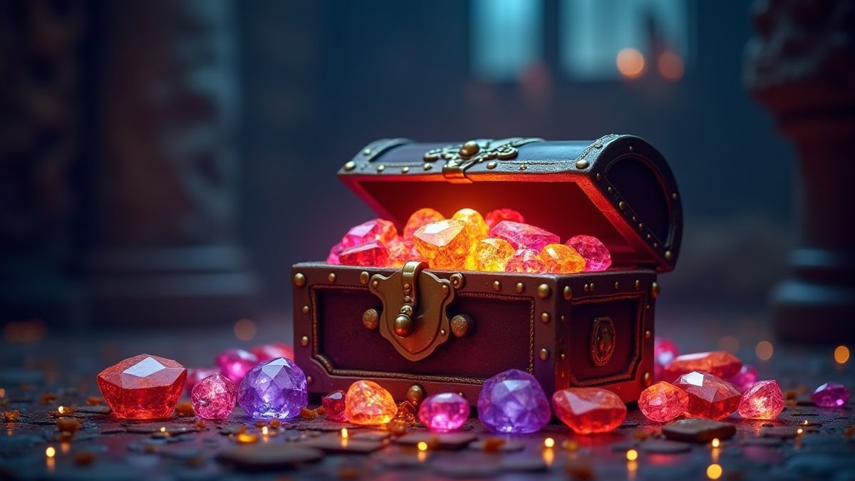 A chest full of sparkling gems in a magical room.