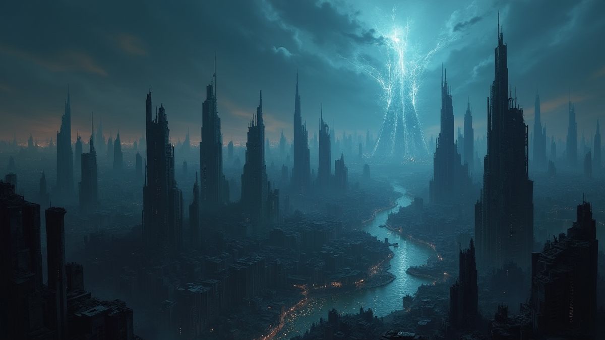 A dark metropolis with skyscrapers in ruins and glowing magical effects.
