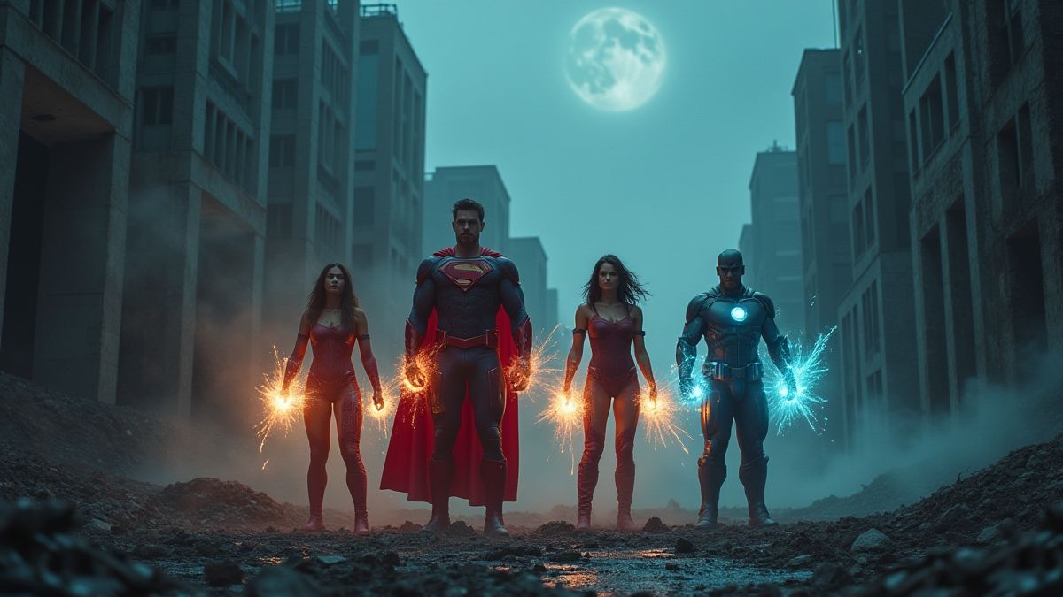 Heroes with magical powers in a dark and ruined city.