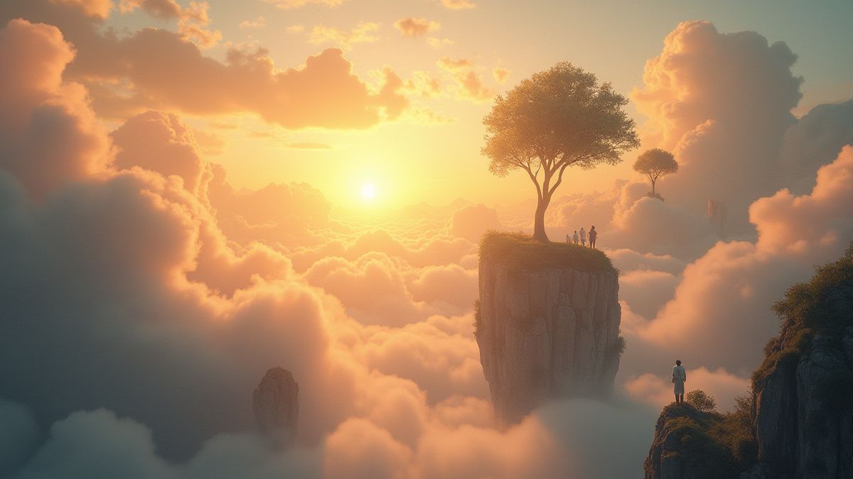Celestial landscape with floating islands and golden light.