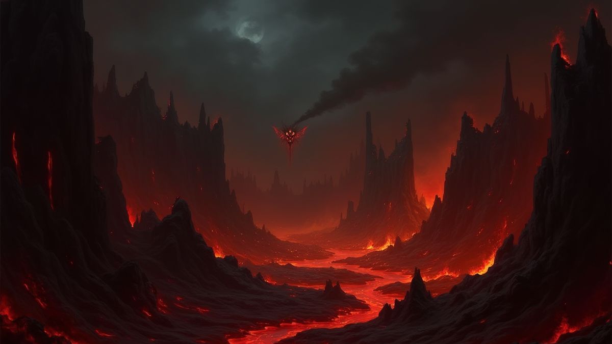 Hellish landscape with fire, lava, and demonic creatures.