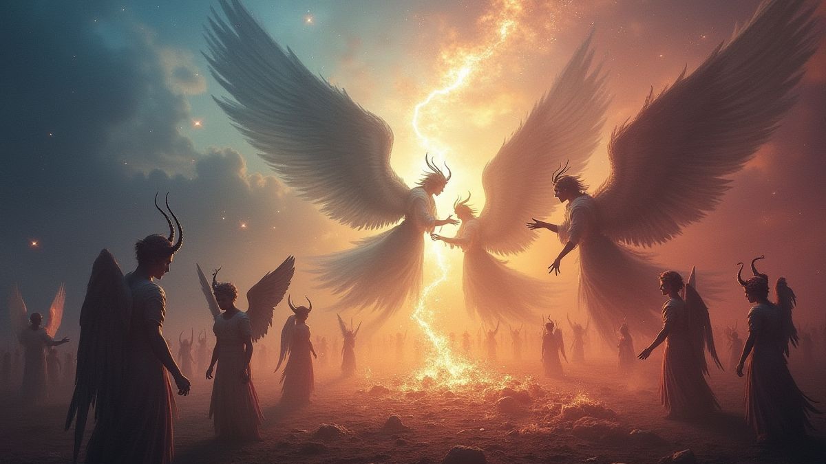 Celestial battlefield with angels and demons.