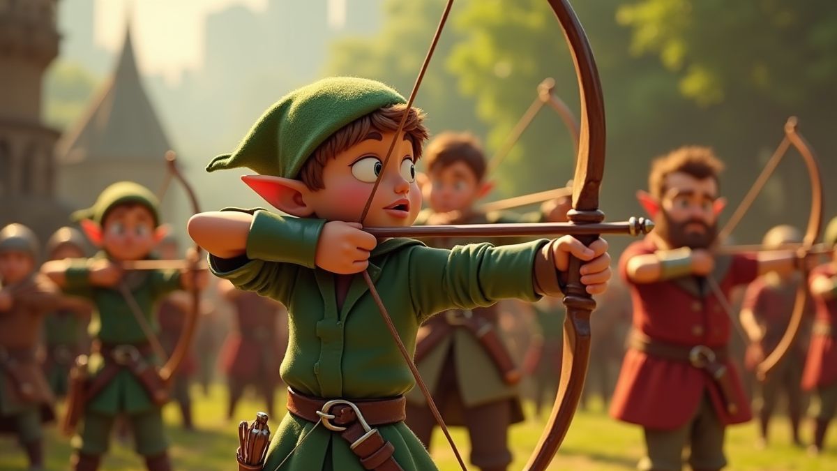 Middeleeuwse boogschietcompetitie in Pixar-stijl.