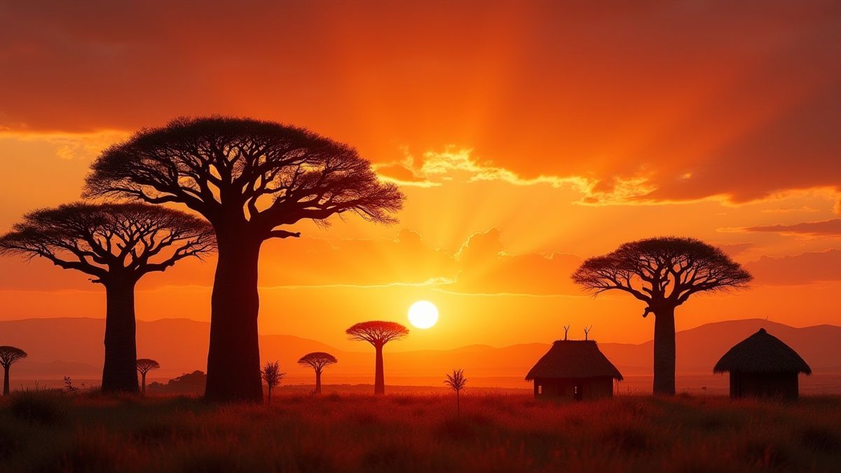Atardecer africano con árboles baobab y chozas tribales.