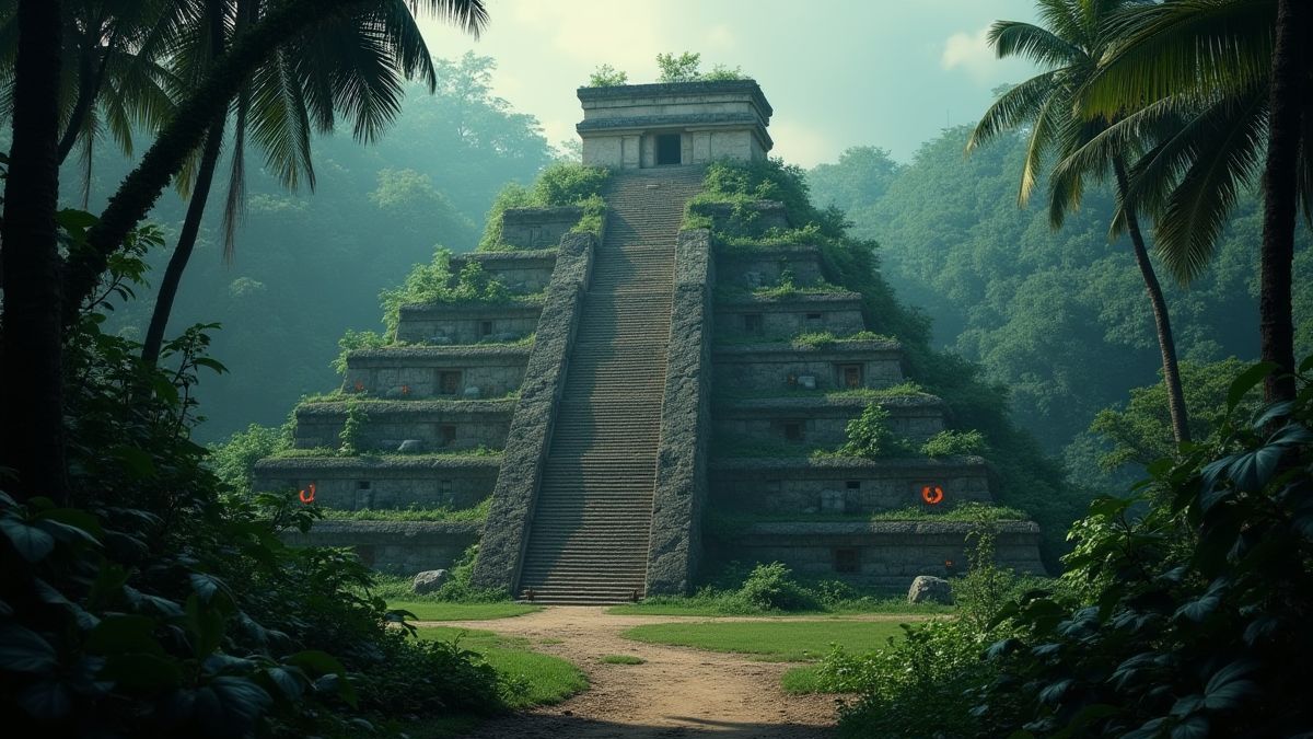 Pirámides mayas rodeadas de una jungla exuberante y símbolos brillantes.