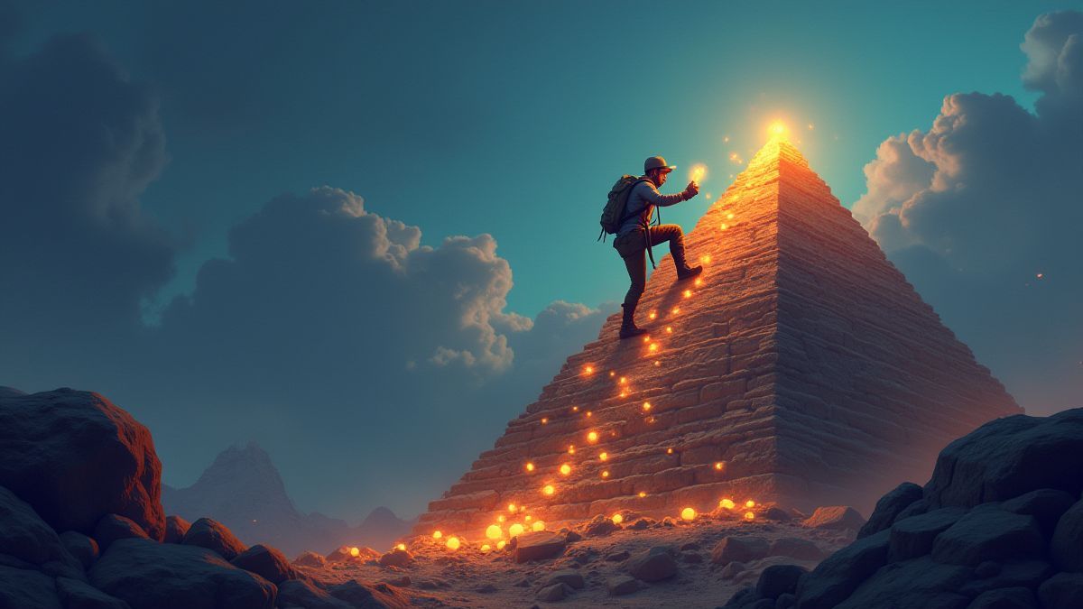 Un aventurero escalando una pirámide y recogiendo tesoros brillantes.