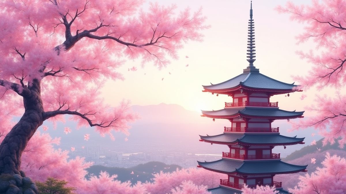 Pagode umgeben von Kirschblüten in einer orientalischen Landschaft.