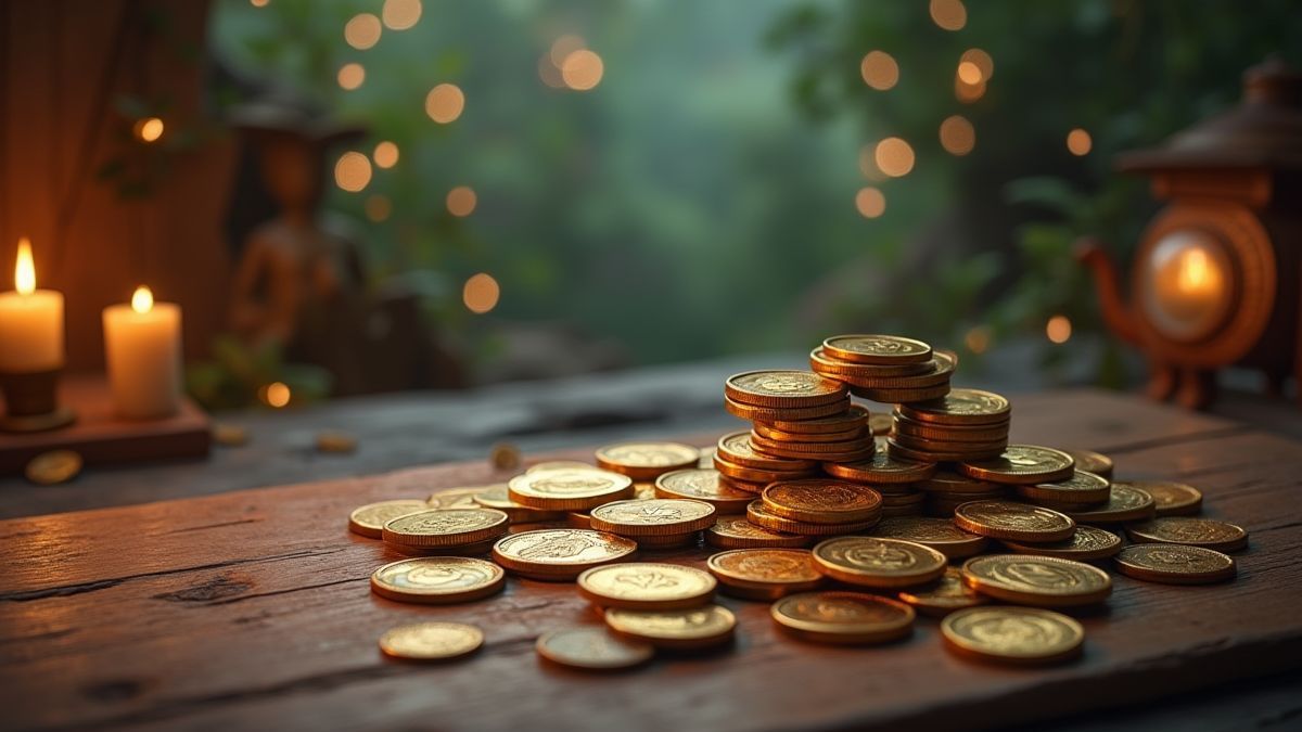 Münzen und Schätze auf einem Tisch mit mystischem orientalischen Hintergrund.