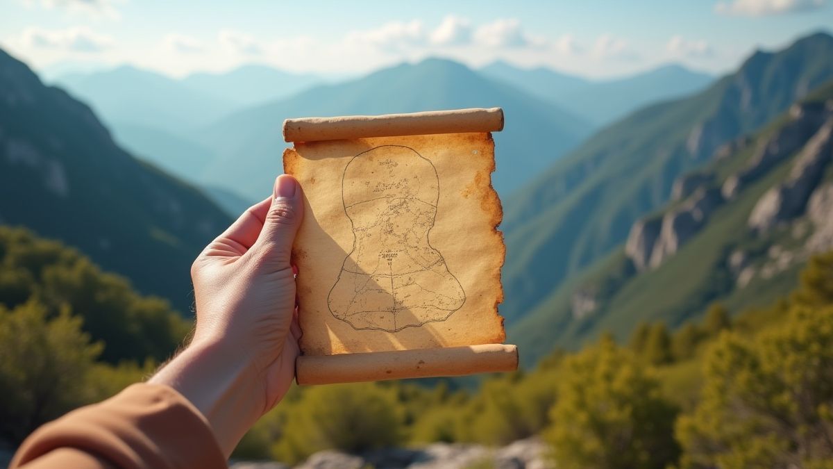 Hand, die eine Schatzkarte mit Bergen im Hintergrund hält.