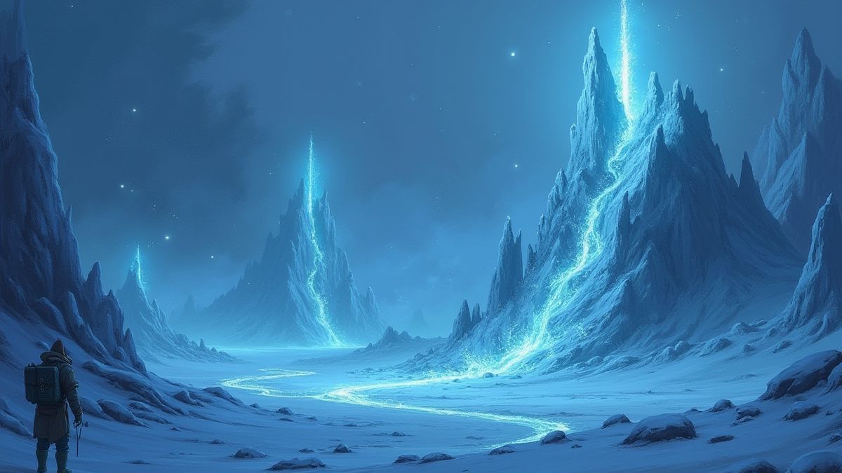 Une relique glacée avec des runes brillantes dans un paysage gelé.