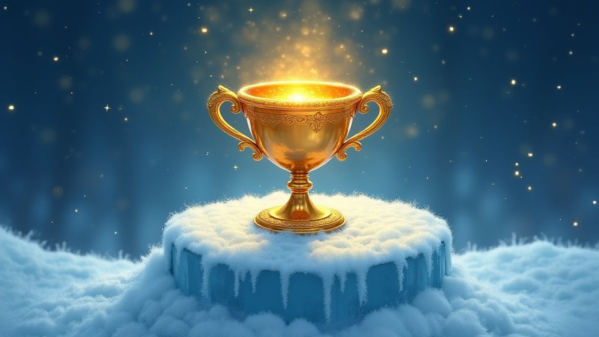 Une coupe dorée brillant sur un piédestal glacé.