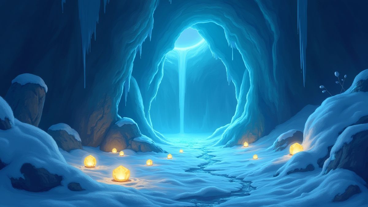 Une grotte gelée avec des trésors brillants éparpillés.