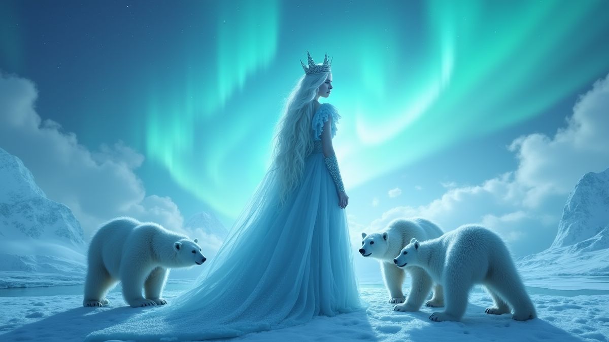 Escena ártica con una reina de hielo y osos polares