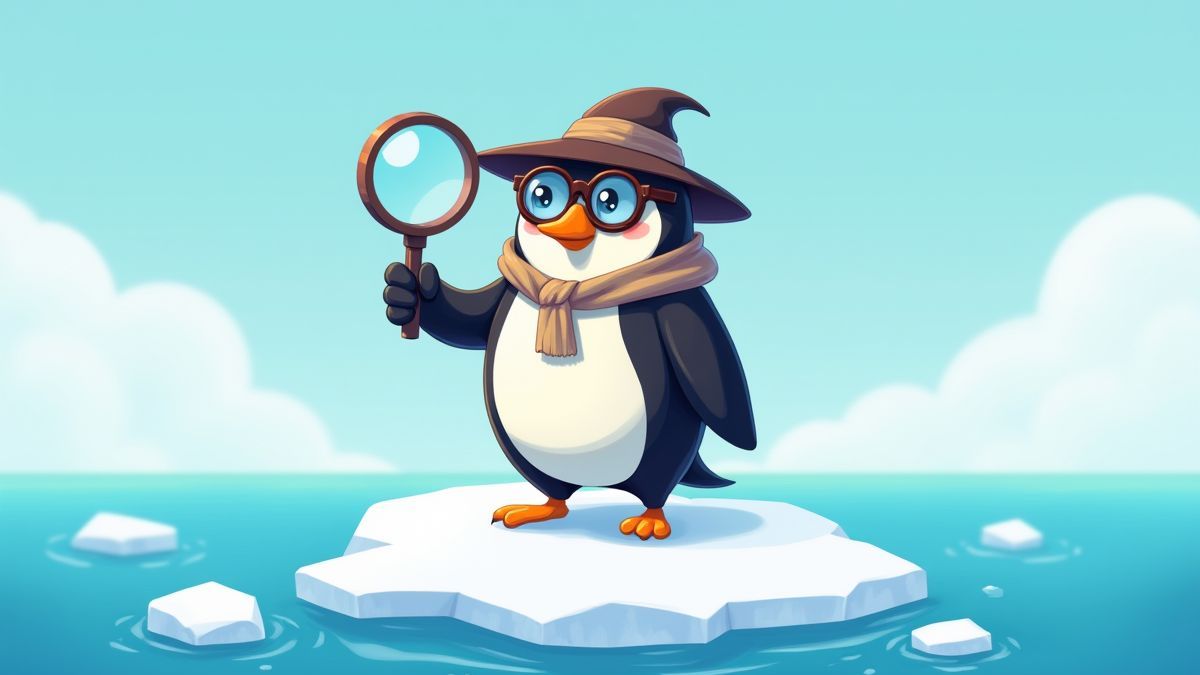 Pingouin espion avec loupe sur un iceberg.
