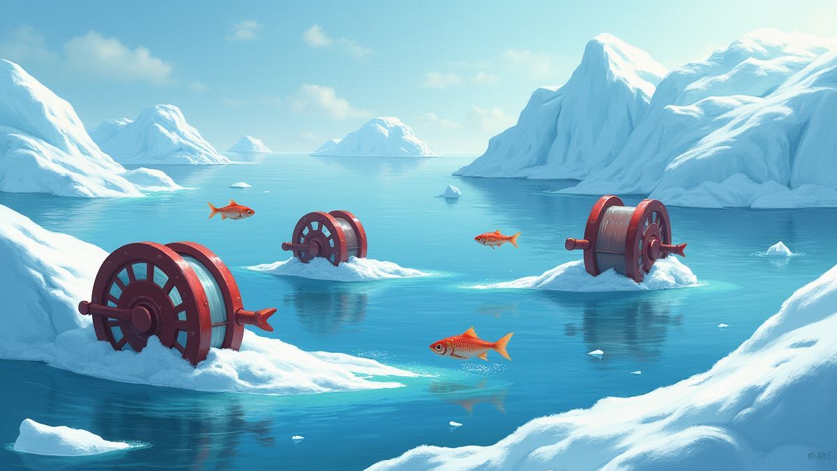 Eisige Walzen mit Fischen, die in einer arktischen Umgebung schwimmen.