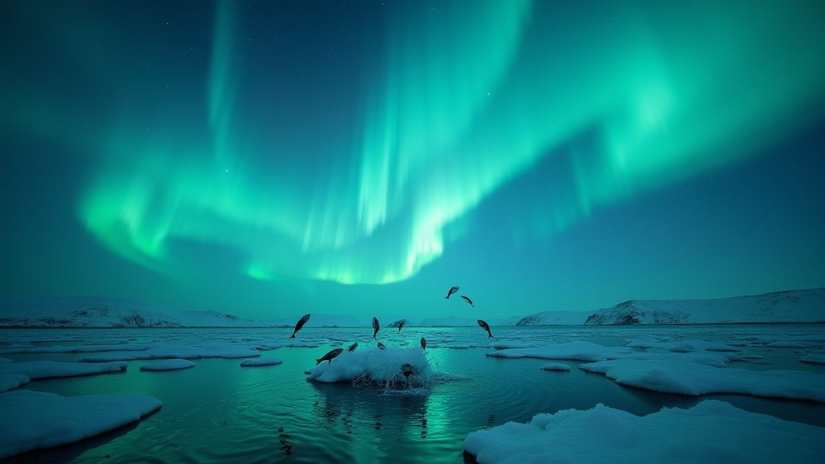Nordlichter über einem gefrorenen Ozean mit springenden Fischen.