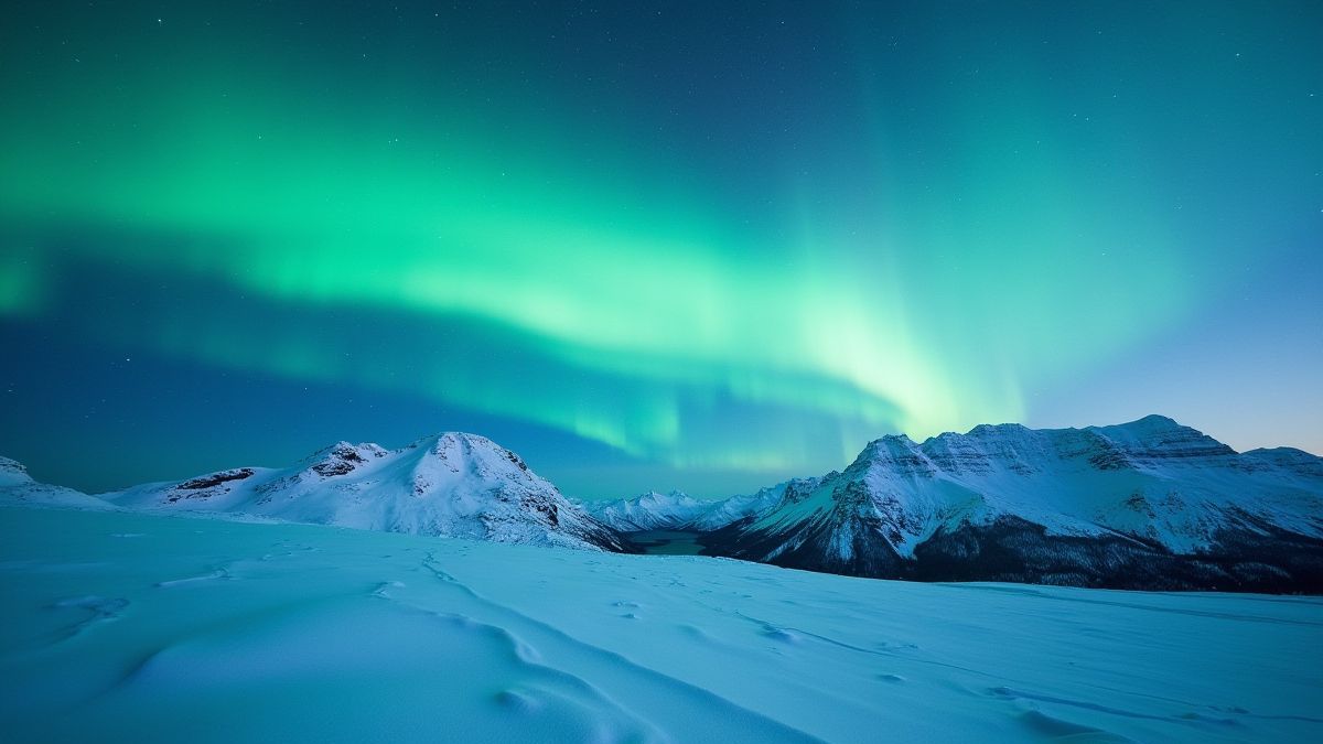 Auora boreale sur des montagnes enneigées.