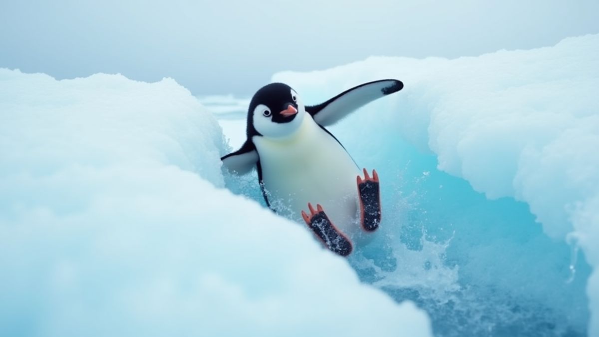 Pingouin glissant sur une colline gelée.