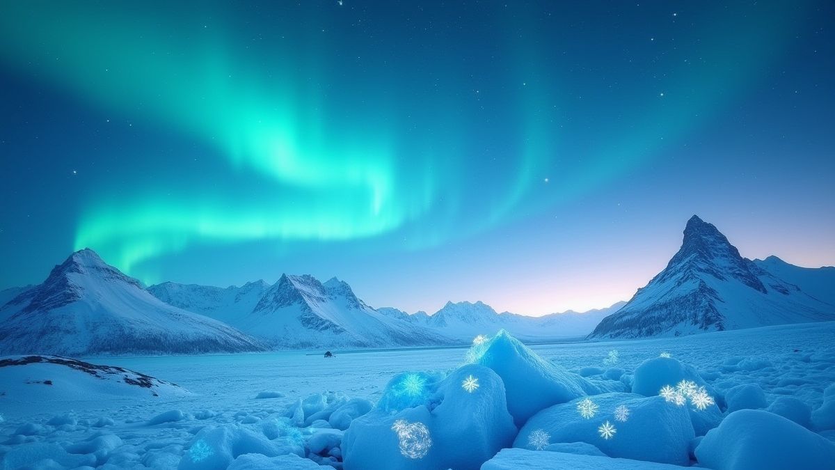 Aurora boreal sobre montañas heladas con cristales brillantes.