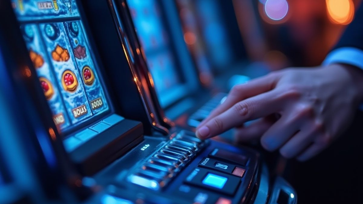 Mano ajustando la configuración de apuestas en una máquina de temática ártica.