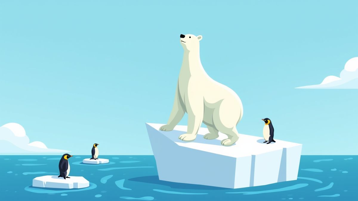A polar bear on an iceberg alongside penguins in the Arctic.
