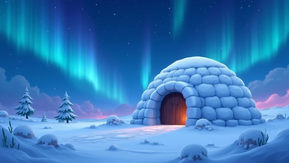 An igloo surrounded by snow with northern lights in the sky.
