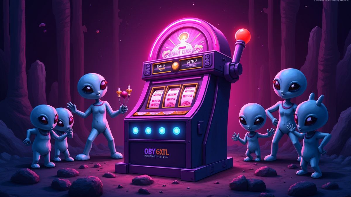 Futuristic slot machine with aliens around