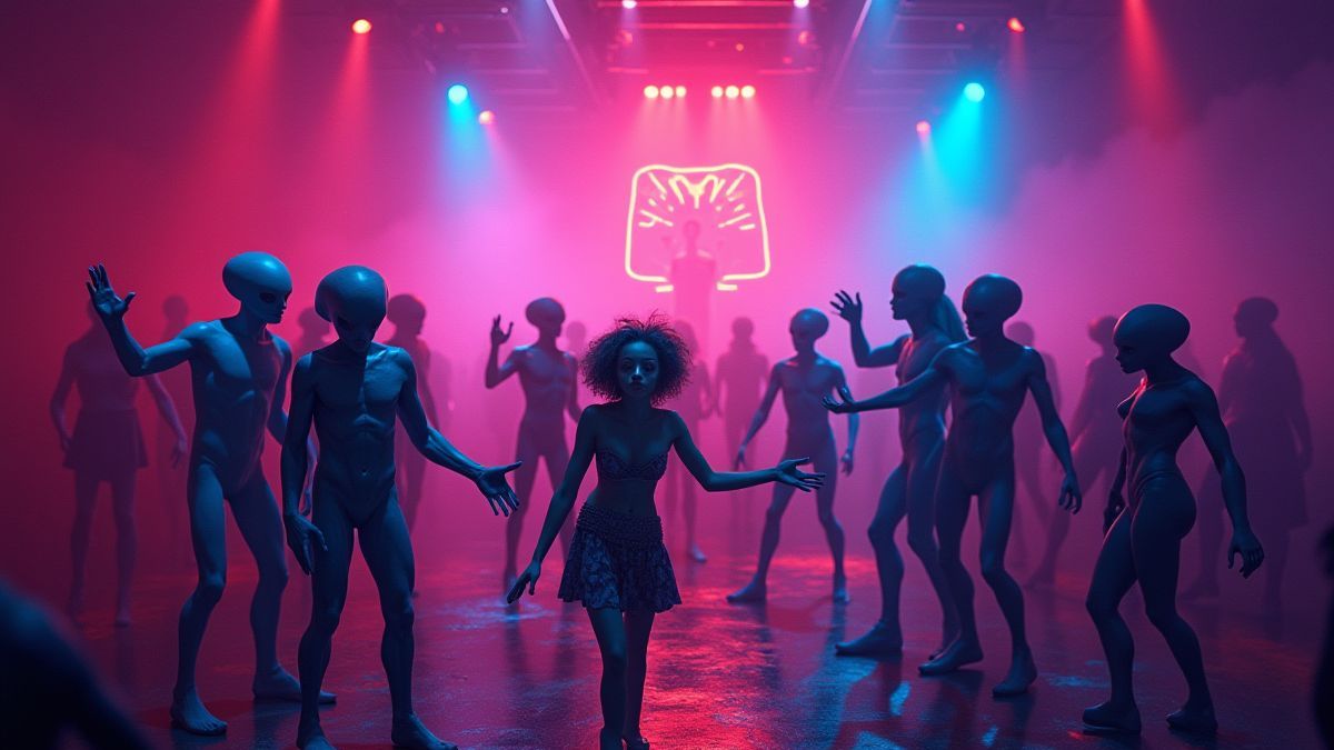 Fiesta intergaláctica con alienígenas bailando bajo luces de neón.