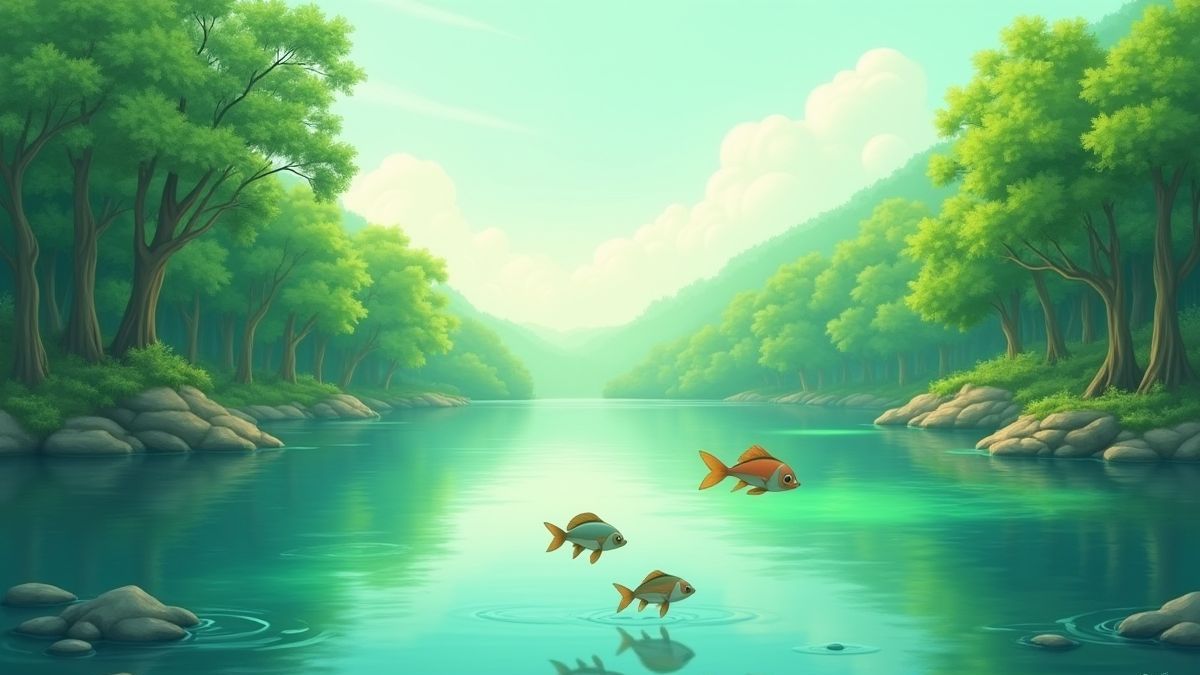 Un lac vert entouré d'arbres avec des poissons sautant de l'eau.