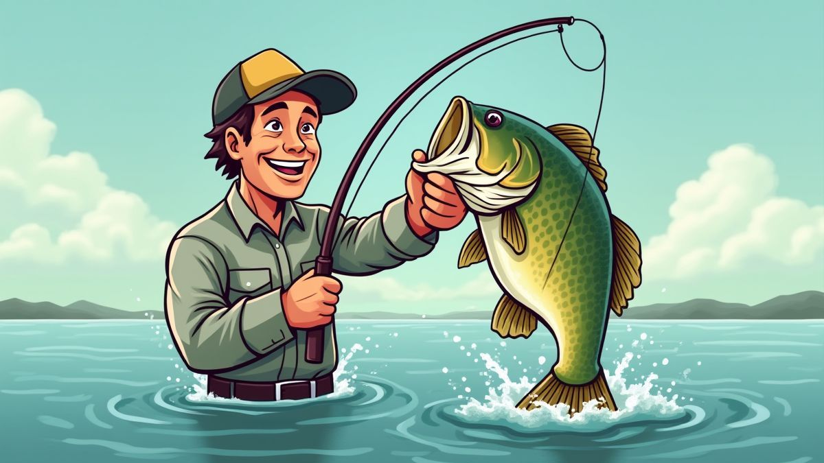 Un pêcheur capturant un grand bar avec un sourire éclatant.