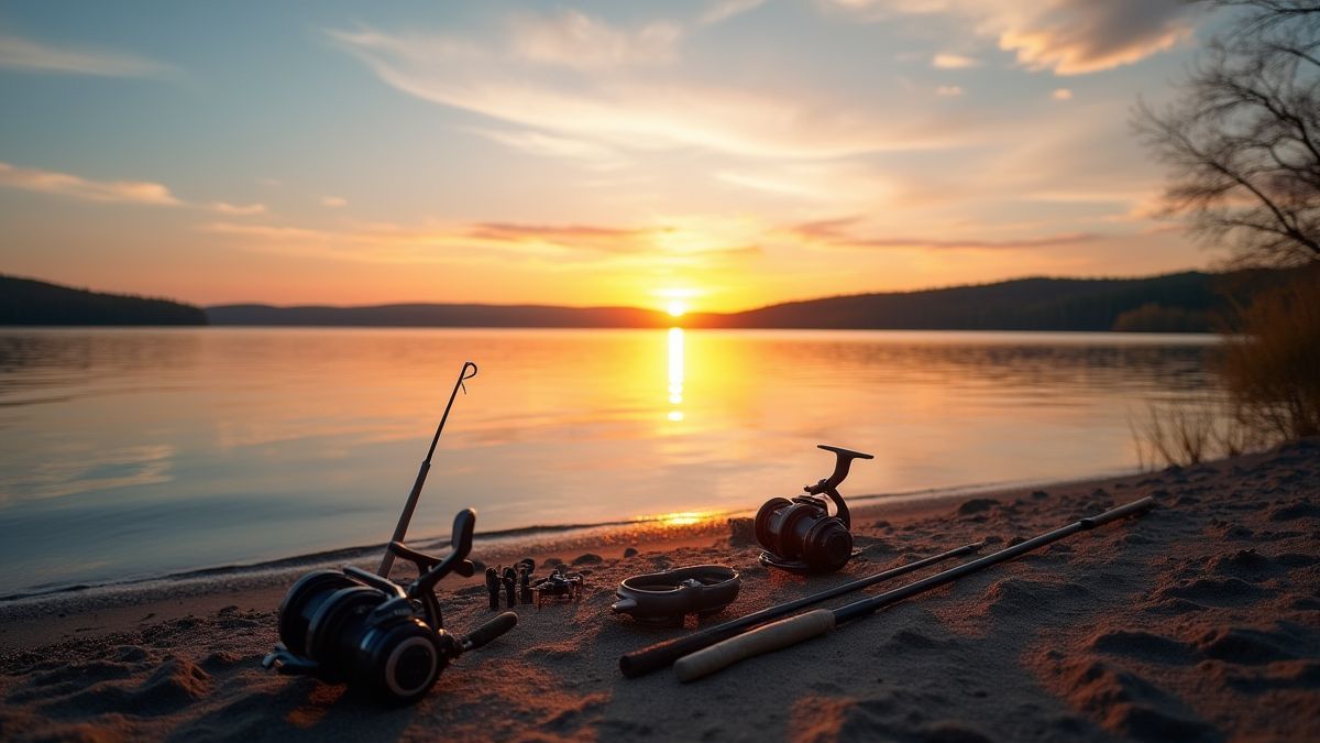 Un lac tranquille avec un lever de soleil et du matériel de pêche sur le rivage.