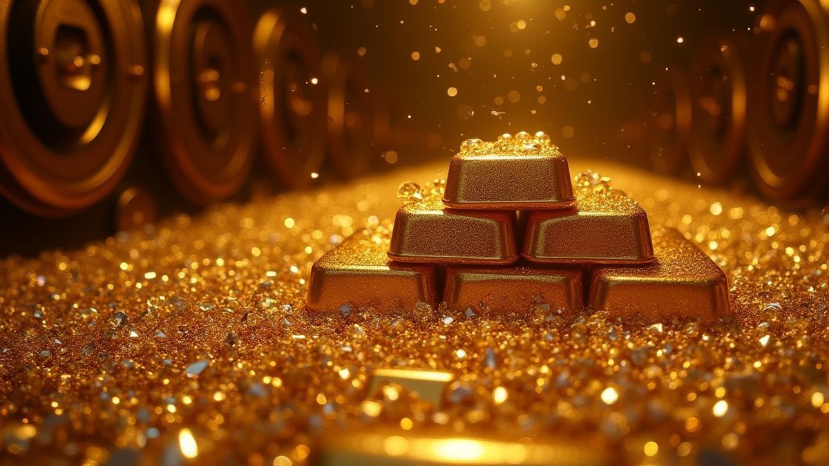 Ein Tresorraum voller funkelnder Goldbarren und Diamanten.