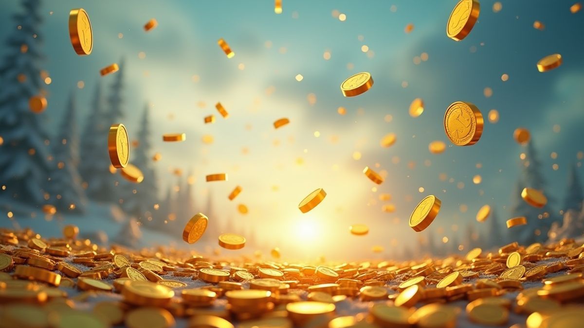 Goldmünzen fallen in einer nordischen Landschaft.