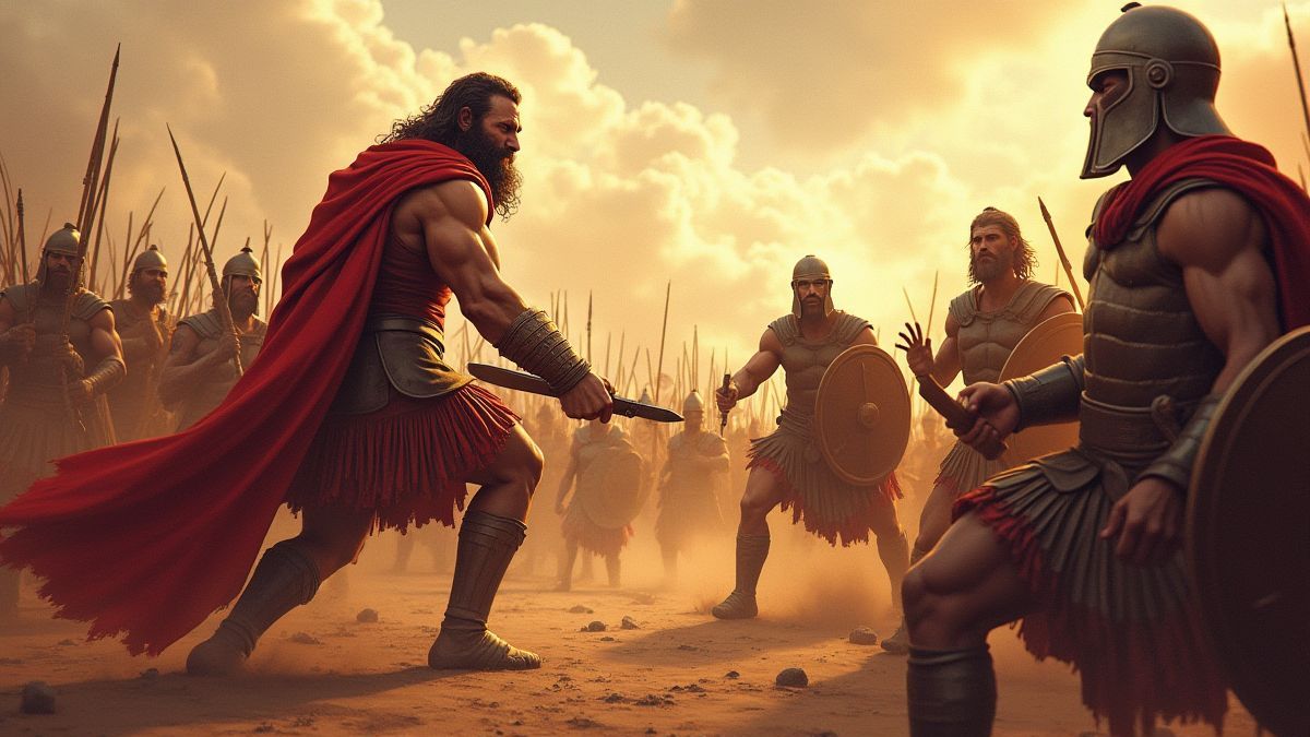 Illustration of Ares fighting in a Greek battlefield