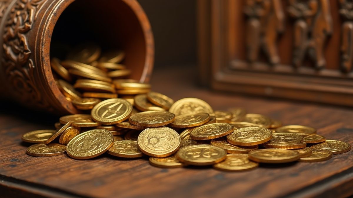 Close-up of gold coins on a Greek-carved table