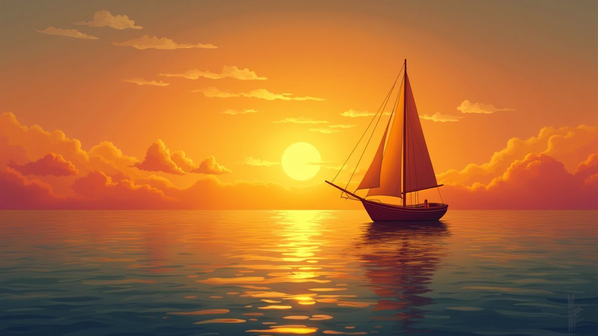 Ein griechisches Schiff, das unter einem goldenen Sonnenuntergang segelt.