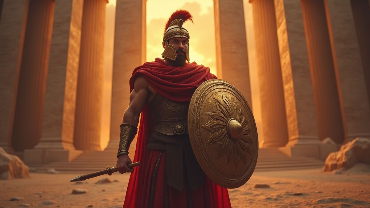 Ein griechischer Held mit einem Schild und Bogen vor einem leuchtenden Tempel.