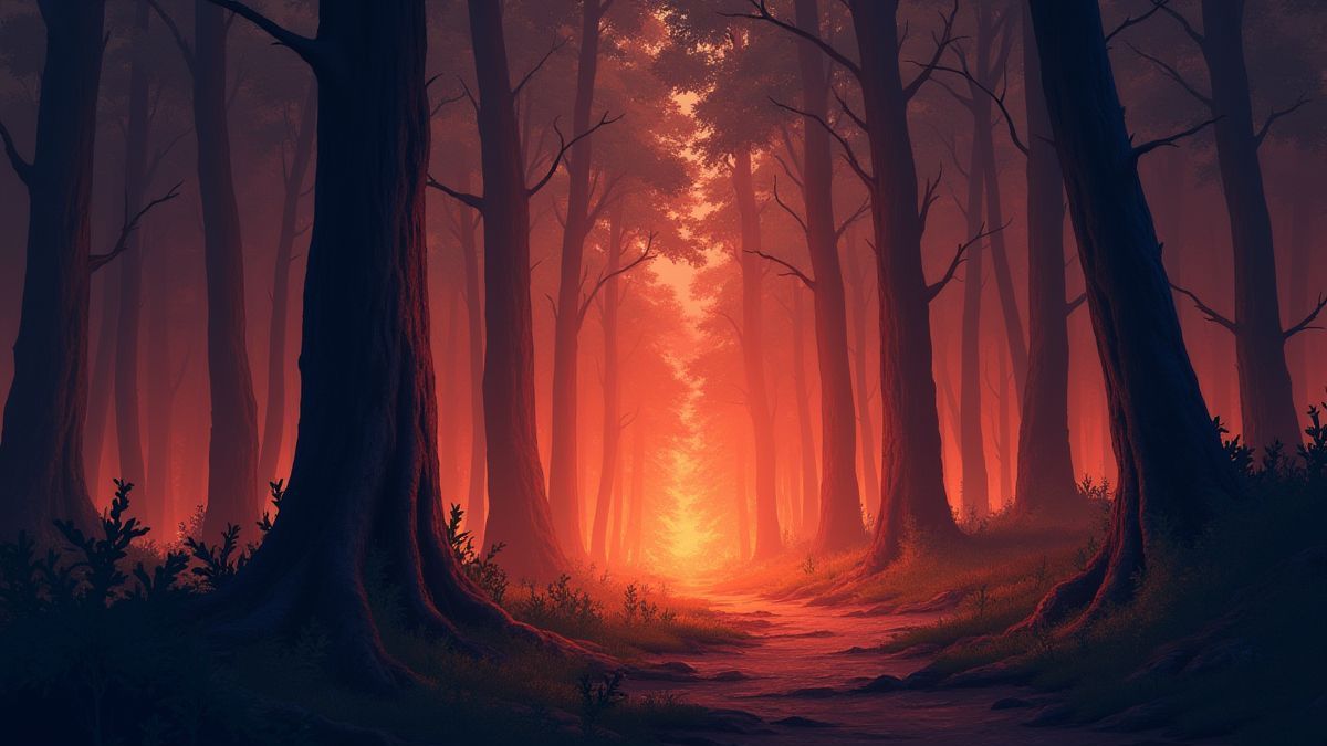 Un bosque místico con brasas brillantes, ambientación de la slot.