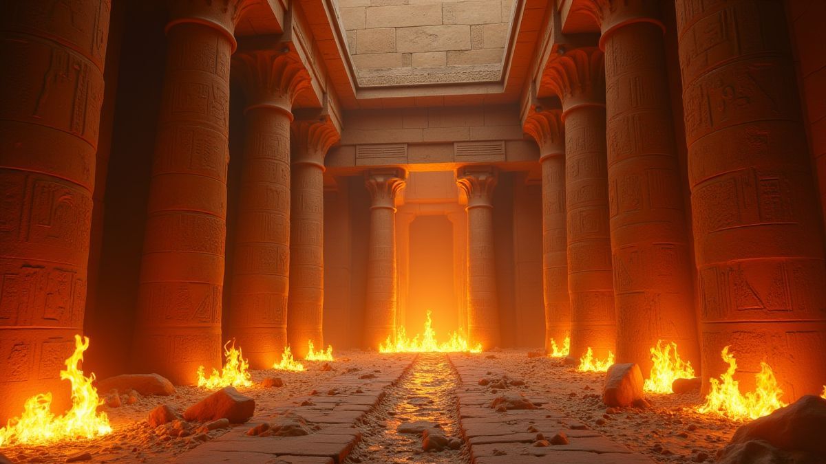 Interior de um templo egípcio com artefatos dourados e chamas.