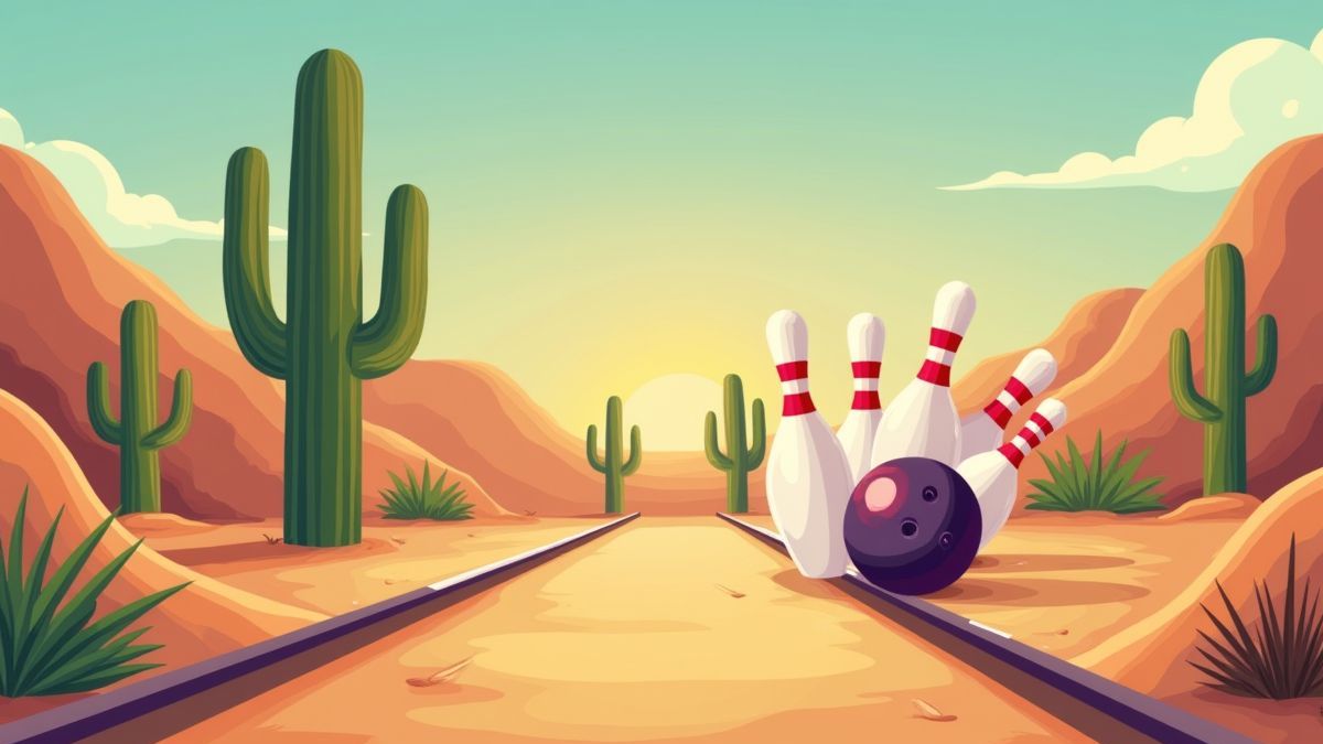 Un juego de bolos en el desierto con cactus de fondo.