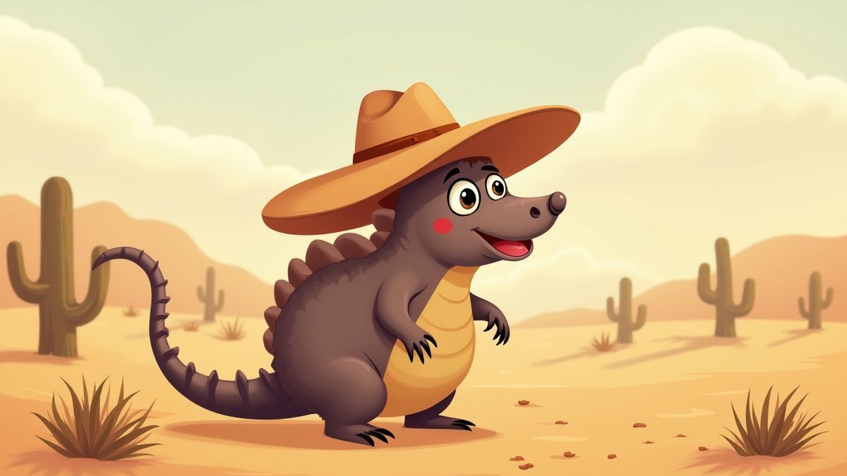 Un armadillo feliz con sombrero de vaquero en el desierto.