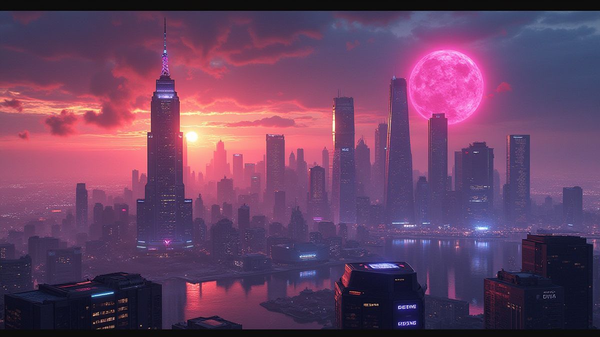Eine futuristische Stadt mit Neonlichtern und Explosionen.