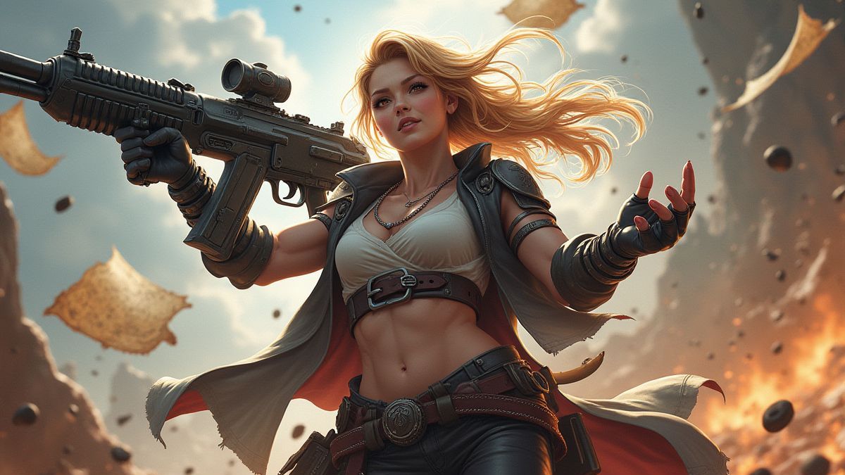 Eine bewaffnete Heldin in einer dynamischen Pose mit futuristischen Waffen.