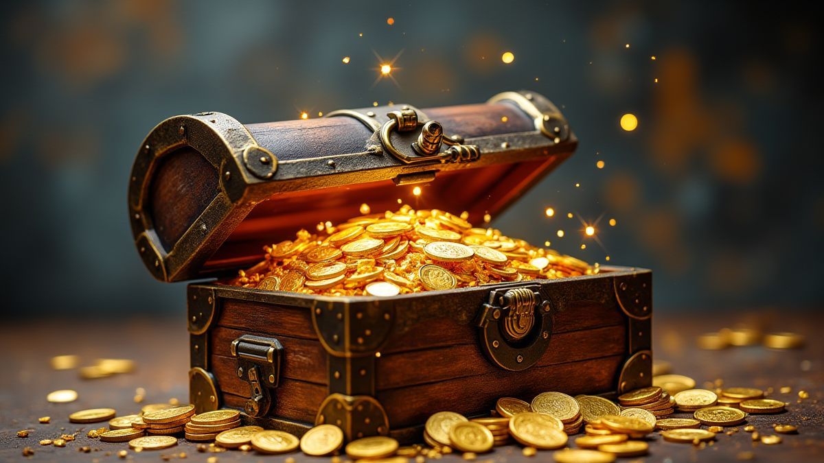 Eine Schatztruhe voller Goldmünzen und futuristischer Gadgets.