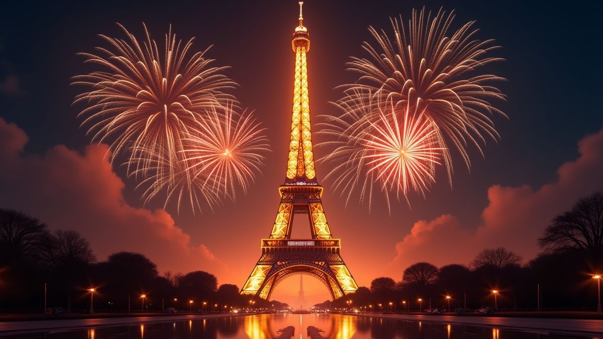 Illustration des Eiffelturms mit Feuerwerk.