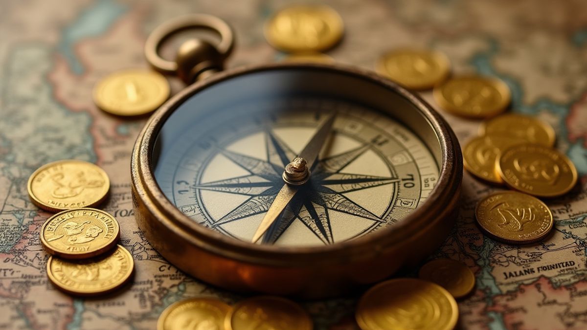 Un compas vintage entouré de pièces d'or et de cartes.