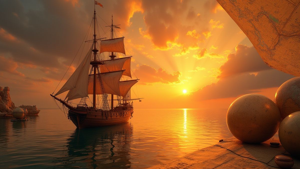 Un bateau vintage naviguant vers un coucher de soleil avec des globes en arrière-plan.