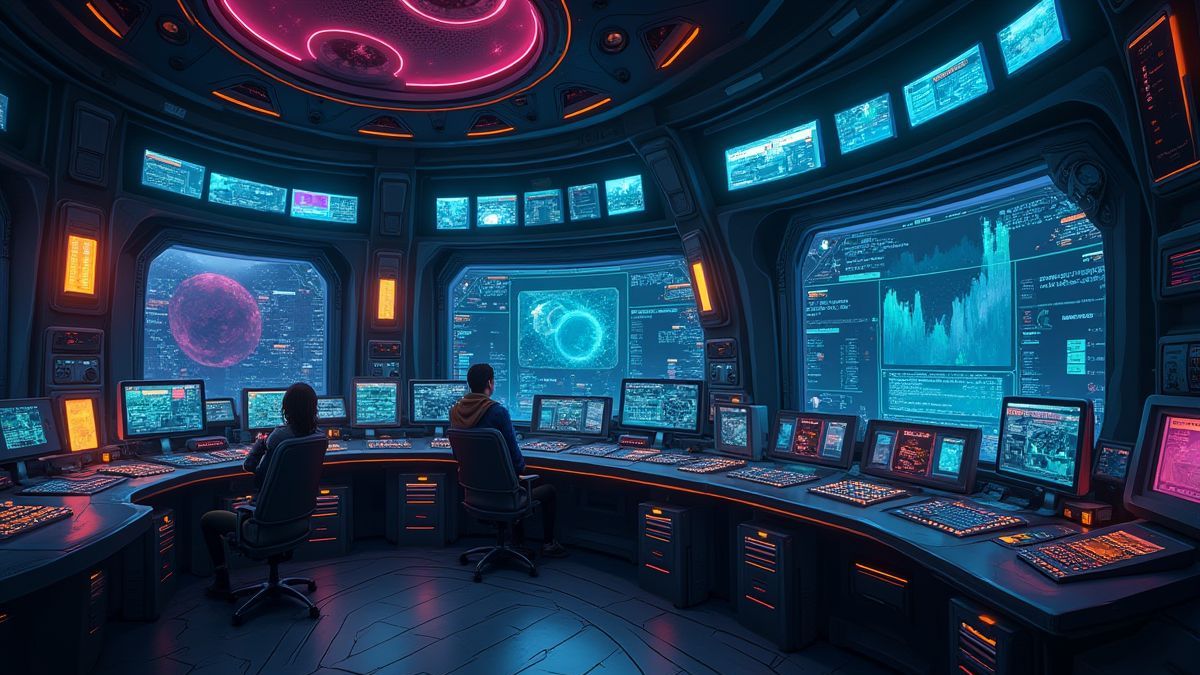 Sala de control futurista dentro de una nave espacial con monitores brillantes y tecnología alienígena.
