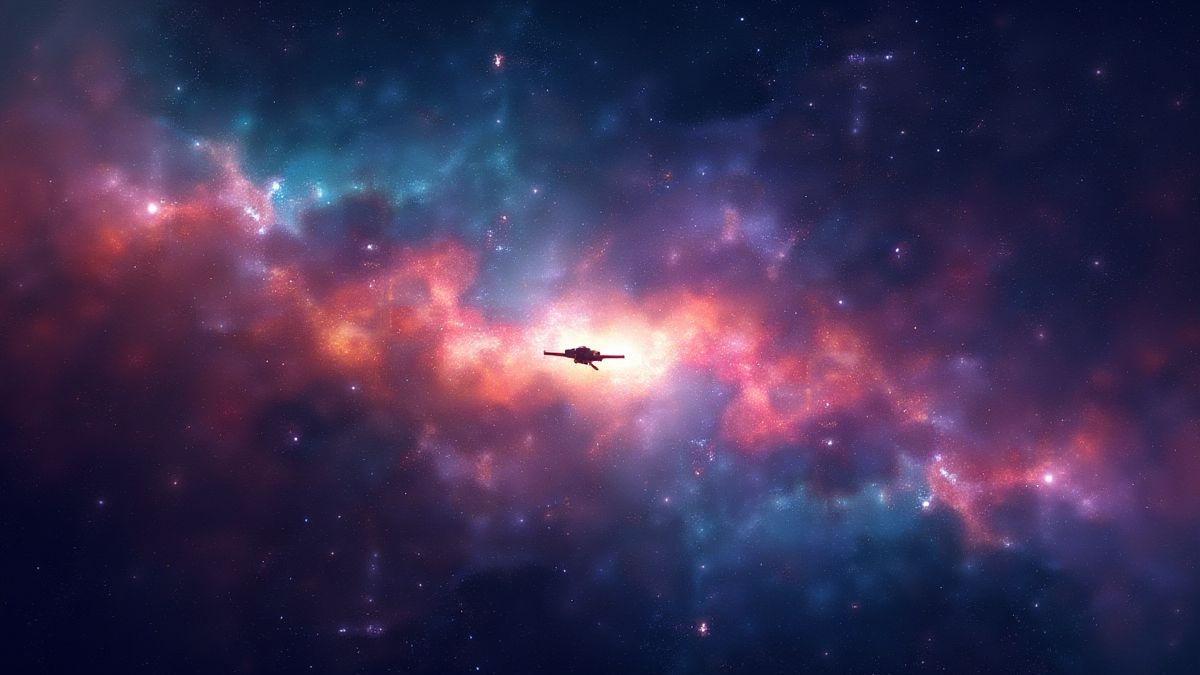 Una galaxia vibrante con estrellas, nebulosas y una nave espacial volando.
